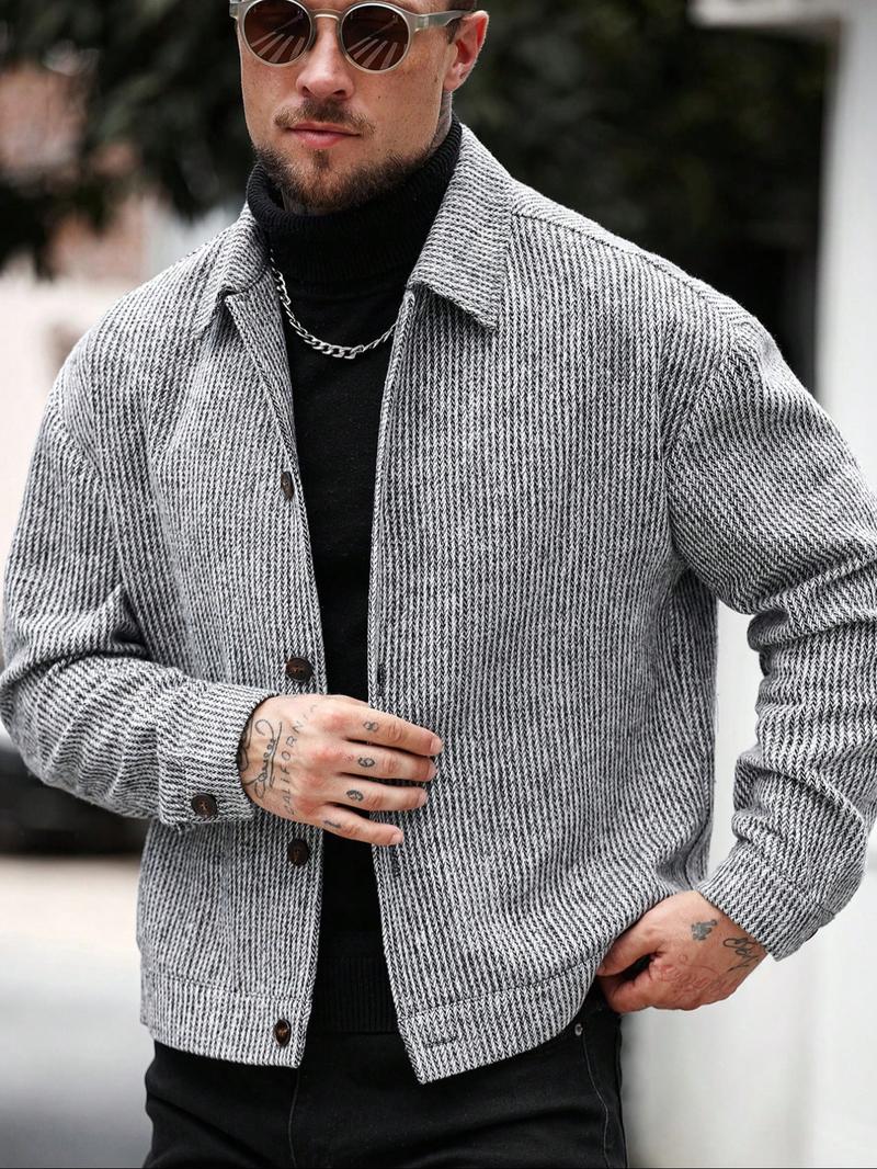 Men's Long Sleeve Loose Fit Woolen Jacket Coat, Casual Jackets, Fashion Casual Design, Suitable for Work or Outdoors, Lightweight Outerwear
