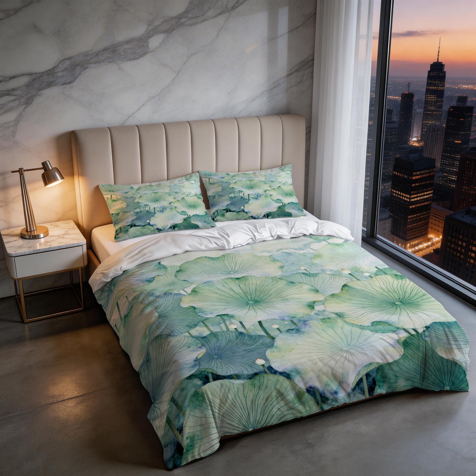 2/3 Piece Watercolor Lotus Leaf Duvet Cover Set, Green Lotus HD Digital Print Bedding Set, Soft Breathable Comforter Cover with Zipper & Corner Ties for Bedroom & Dorm (Comforter Not Included)