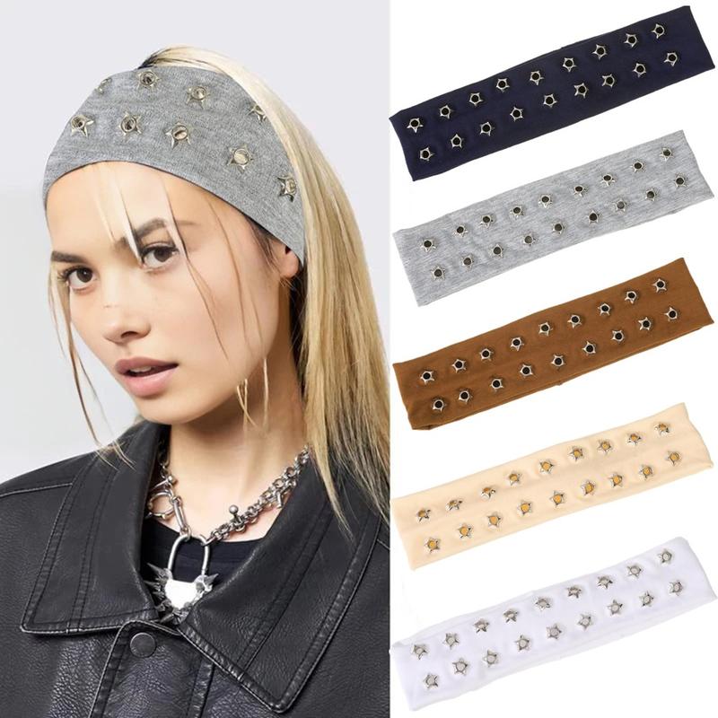 AWAYTR Y2k Grommet Wide Headbands for Women Star Metal Hollow Out Elastic Head Bands Y2k Fashion Girls Punk Grunge Stretchy Hair band Hair Accessories