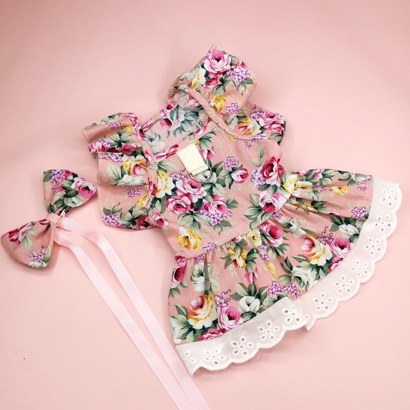 Cute Fashion Print Pet Dress with Bow, Plaid Pet Costume, Elastic Mesh Princess Dress, Puppy Cat, Complete Set