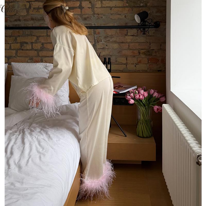Feather Pajamas for Women Long Sleeves Button Down Shirt Lounge Pants Set Satin Silky Bridal Pjs