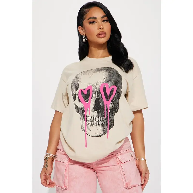 Women's Eternal Love Skull Print Graphic T-Shirt - Sand, 100% Cotton, Hangable, Machine Washable