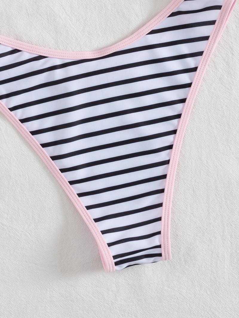 Summer Vibe Alert! Black & White Striped Halter Bikini Swimsuit Set with Pink Trim - Viral Beachwear for Insta-Worthy Photos Summer Vibe Alert! Black & White Striped Halter Bikini Swimsuit Set with Pink Trim - Viral Beachwear for Insta-Worthy Photos