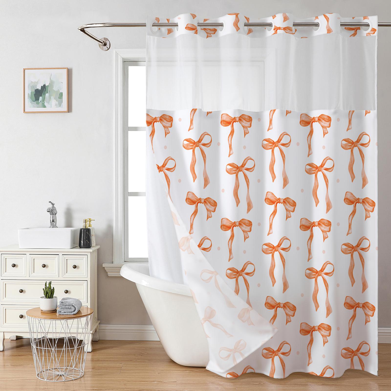 Polka Dot Bow Shower Curtain, Top Mesh Design Bathroom Curtain, Double Layers Without Hooks, Sweet Home Decoration, 72*75in