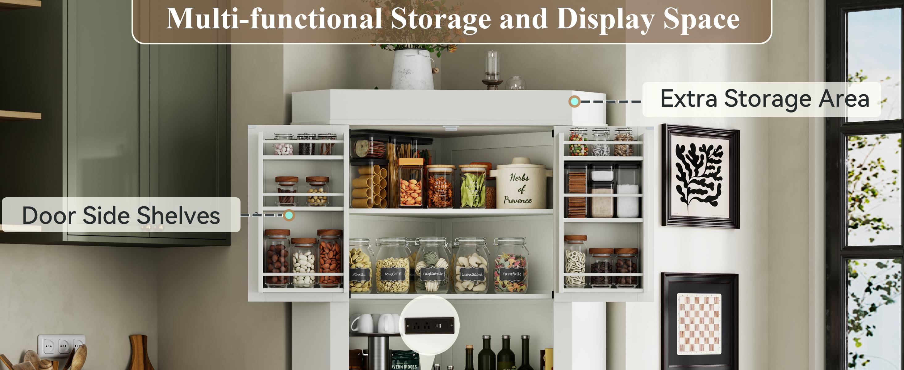 74"Corner Cabinet with Charging Station,Kitchen Pantry Storage Cabinet with Drawer,Freestanding Kitchen Pantry Cabinets with Doors and Shelves,Farmhouse Food Hutch