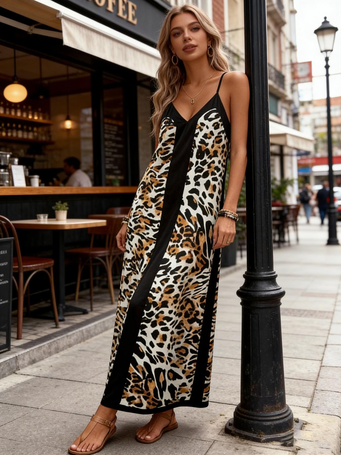 European and American Style Leopard Print Halter Long Dress, Summer New Loose Fit Conceal Fat Vacation Dress, Trendy Fashion Apparel