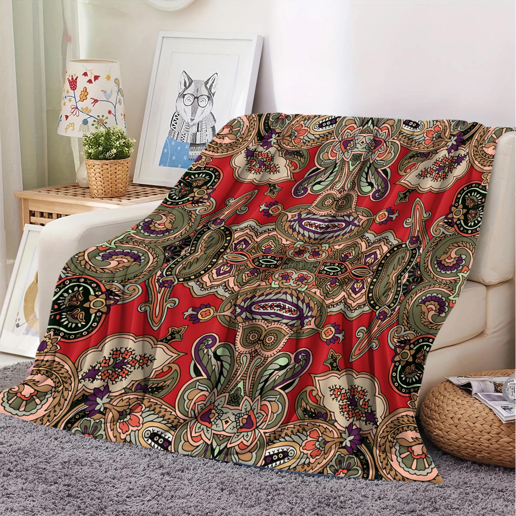 1Pcs Boho Paisley Digital Print Flannel Blanket, Vibrant Ethnic Style Throw Blanket, Ultra-Soft Cozy Warm Blanket, All-Season Decorative Gift Blanket, Perfect for Bedroom, Sofa, Couch, Camping, Travel, Dorm Decor