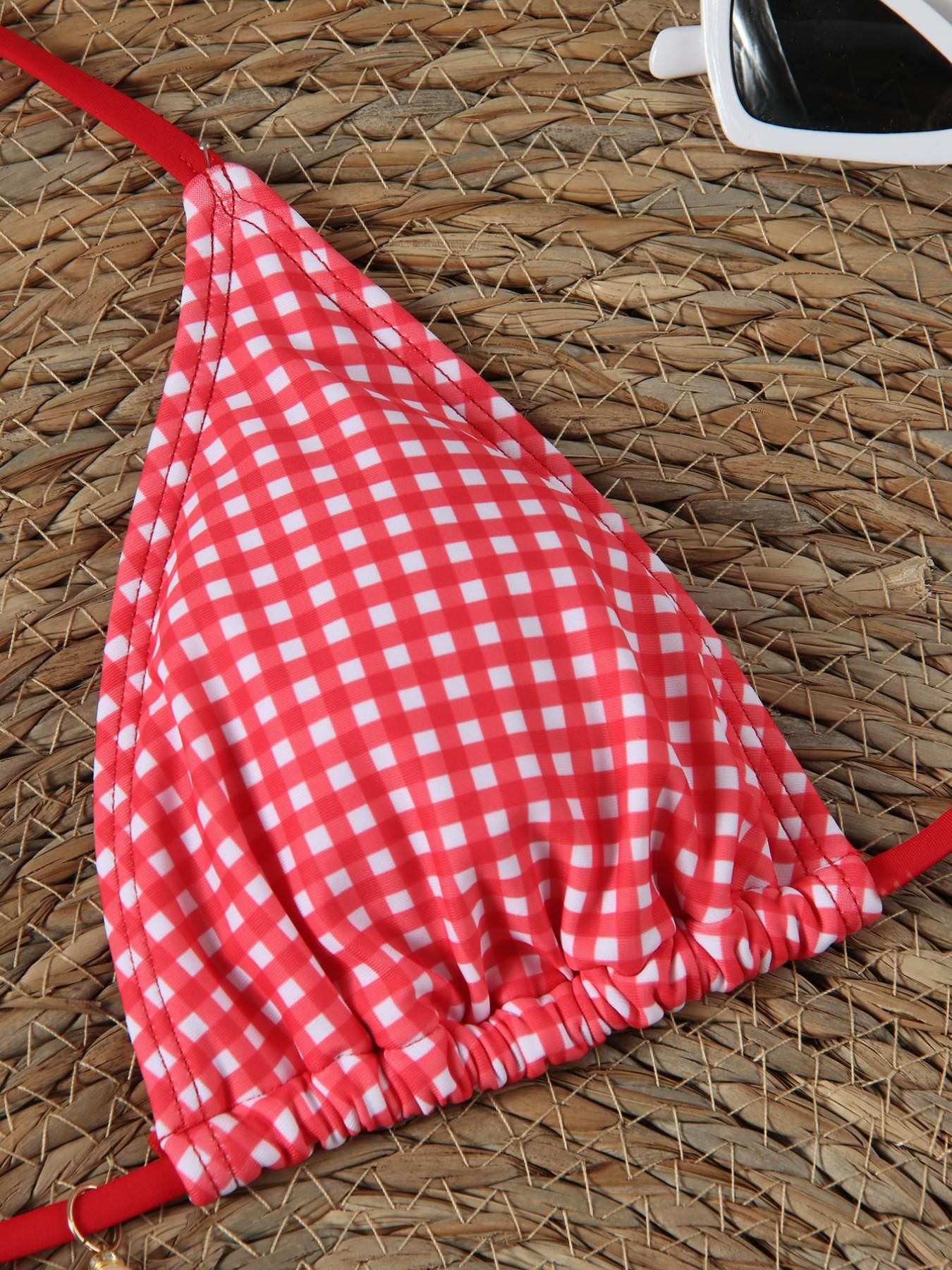 Women's Plaid Halter Cute Sexy Bikini Swimsuit Set, Summer Clothing, Fitted Lace Up Design, Tie Side Bottoms, All Seasons