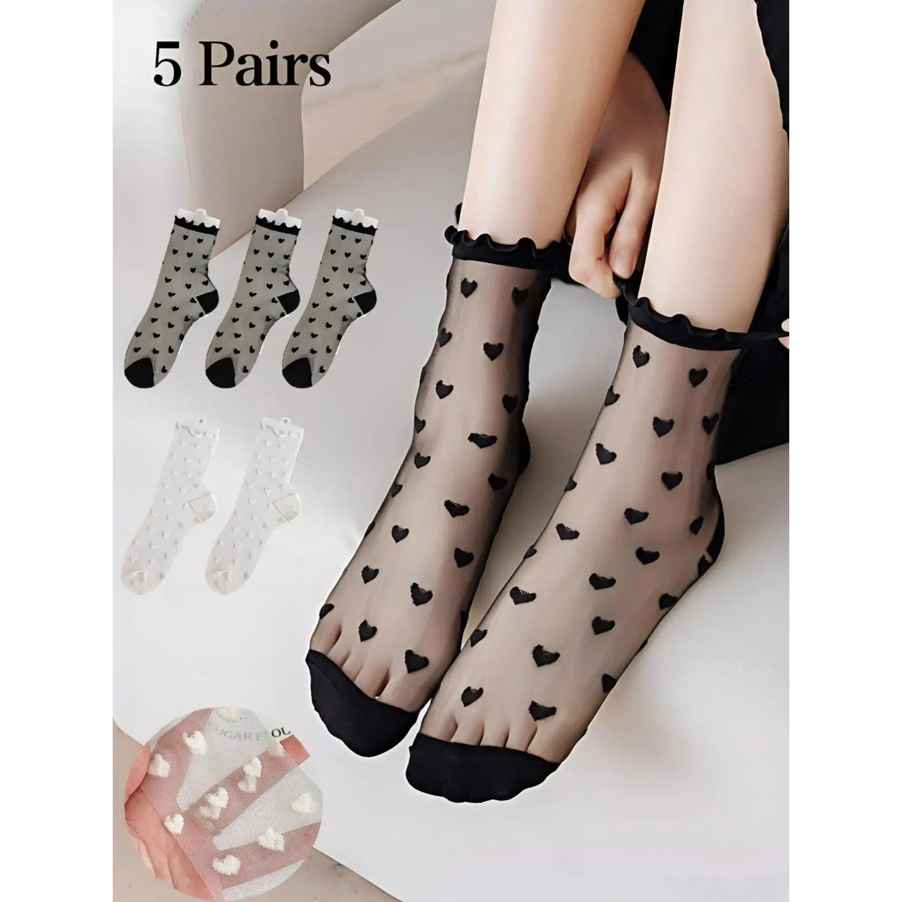 5 Pairs Heart Glass Stockings, Lace Mid-Calf Socks, Cute Girl Pure Desire Socks, Summer Socks, Suitable for High Heels
