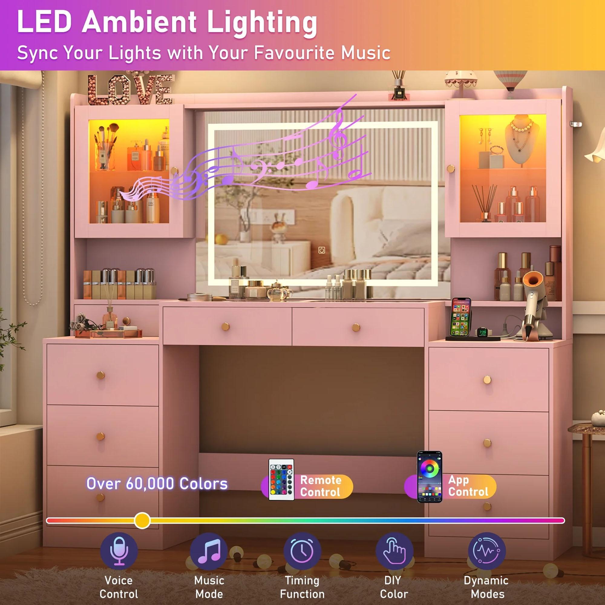 62" Large Vanity Desk w/ Tempered Glass Top,60000-color LED Lights,Power Outlet, Make up Vanity w/ 3 Lights Mode LED Mirror,2 RGB Cabinet LED Vanity Table for Women,Girls (White/Black)