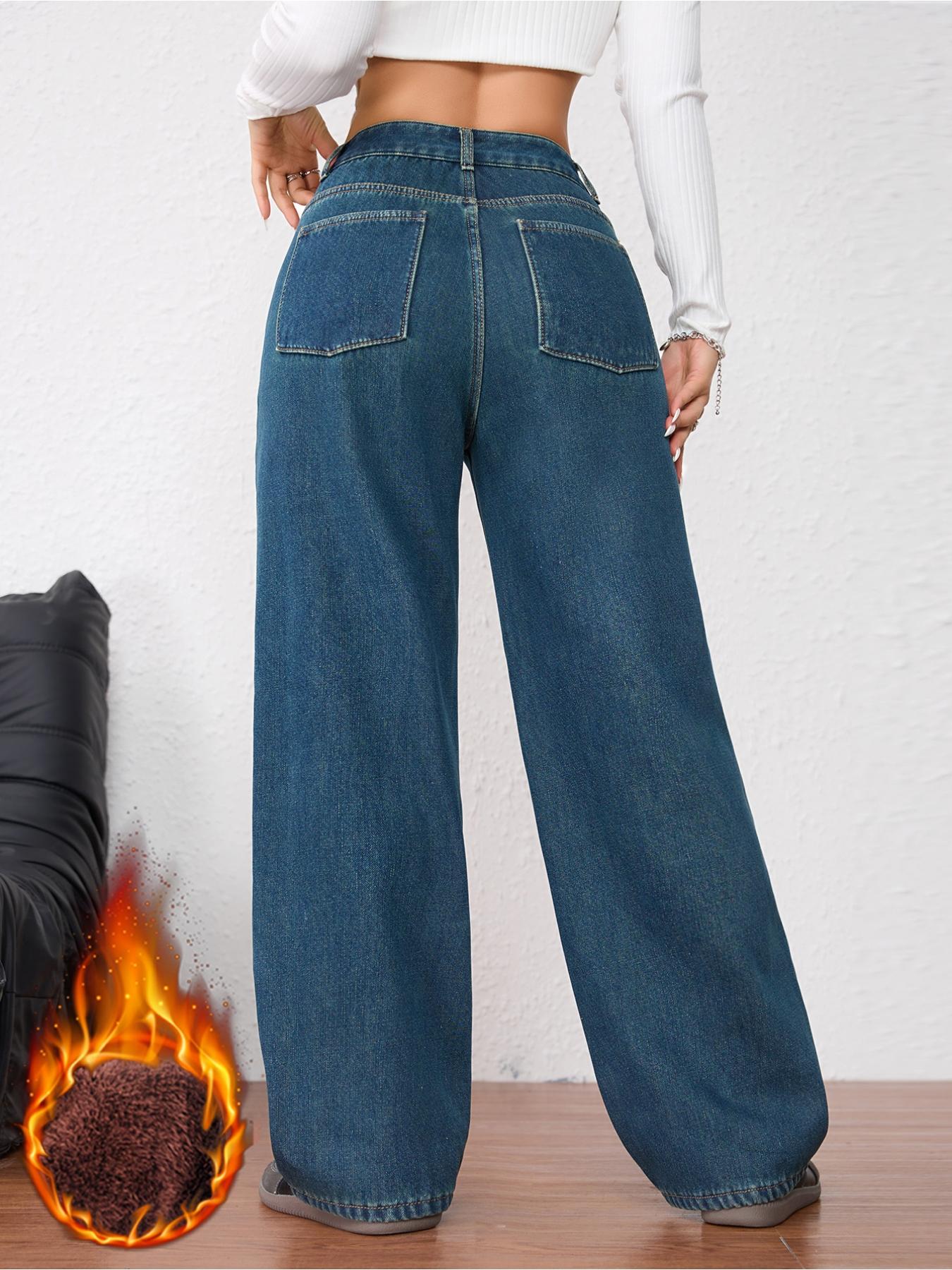Women's Vintage Fashion Fleece-Lined Thickened Winter Warm Wide Leg Straight Jeans Pants, Elegant Plain Style for Fall & Winter