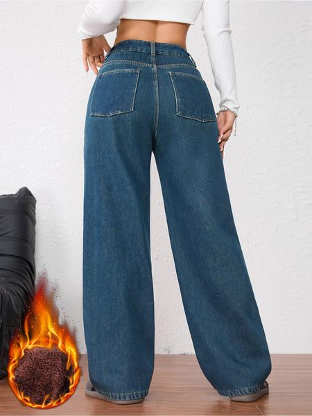 Women's Vintage Fashion Fleece-Lined Thickened Winter Warm Wide Leg Straight Jeans Pants, Elegant Plain Style for Fall & Winter