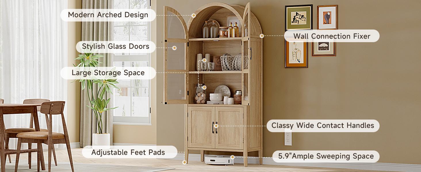 【SPOTLIGHT DAY】ONBRILL 71" Tall Arched Cabinet, 5-Tier Arched Kitchen Pantry with Glass Doors & Drawer, Modern Display Pantry Cabinets with Adjustable Feet, Wooden Pantry for Kitchen, Living Room Furniture, Dining Room Furniture