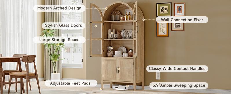 【Valentine's Day gift】ONBRILL 71" Tall Arched Cabinet, 5-Tier Arched Kitchen Pantry with Glass Doors & Drawer, Modern Display Pantry Cabinets with Adjustable Feet, Wooden Pantry for Kitchen, Living Room Furniture, Dining Room Furniture