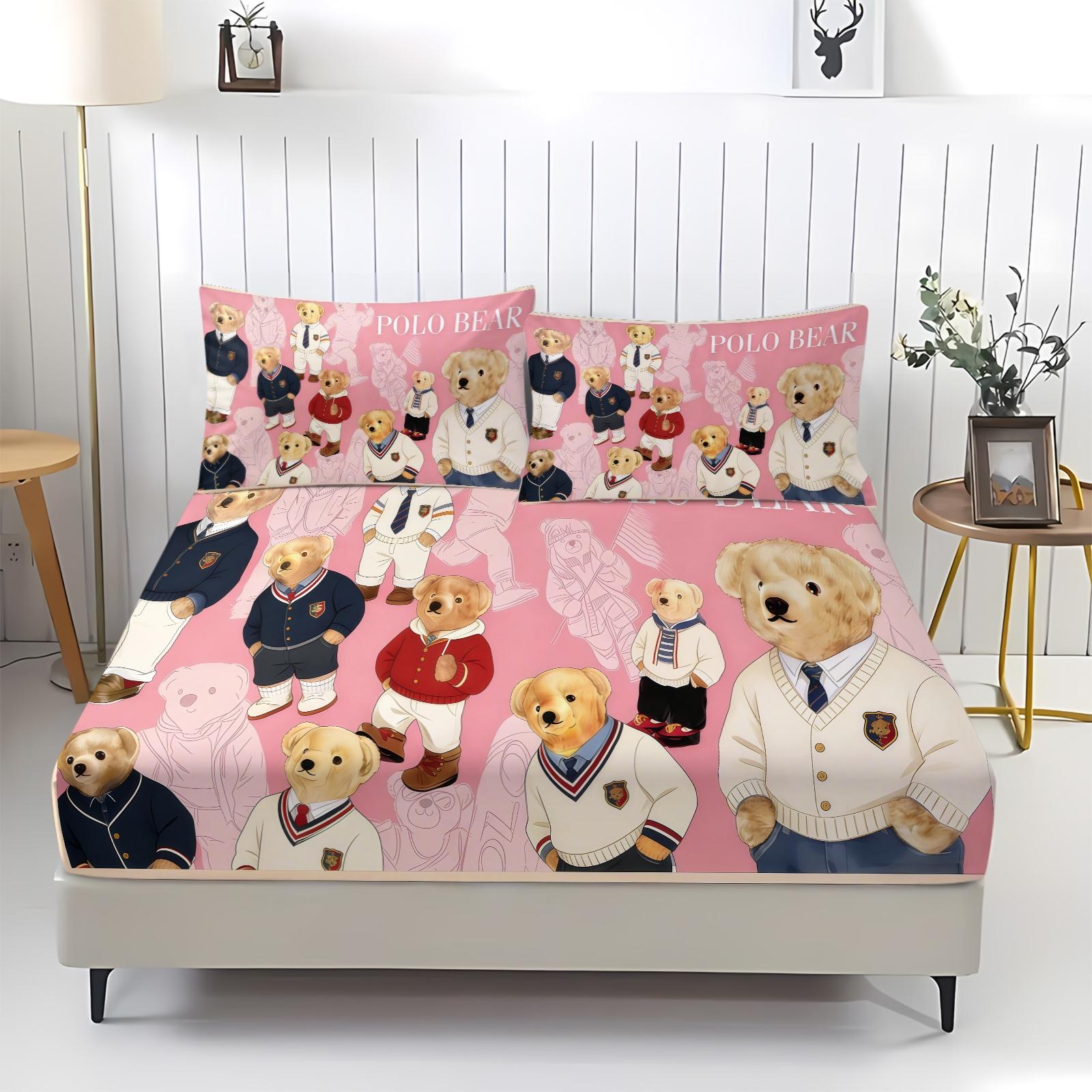 3-Piece Trendy Teddy Bear Patterned Bed Sheet, Soft And Durable Bedding Set Including 1 Bed Sheet And 2 Pillowcases, Suitable For Daily Holiday, Birthday, Gift, Bedroom Decoration For Children And Adults