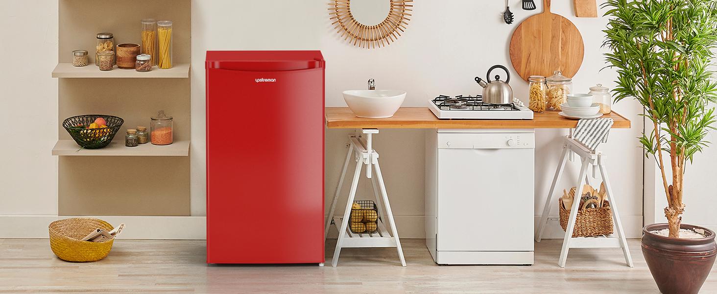Upstreman mini fridge 3.2 Cu.Ft with Freezer Compact Single-Door Fridge for Dorm Office Bedroom BR321 Adjustable Temperature Thermostat Energy-Efficient Quiet Operation Pink