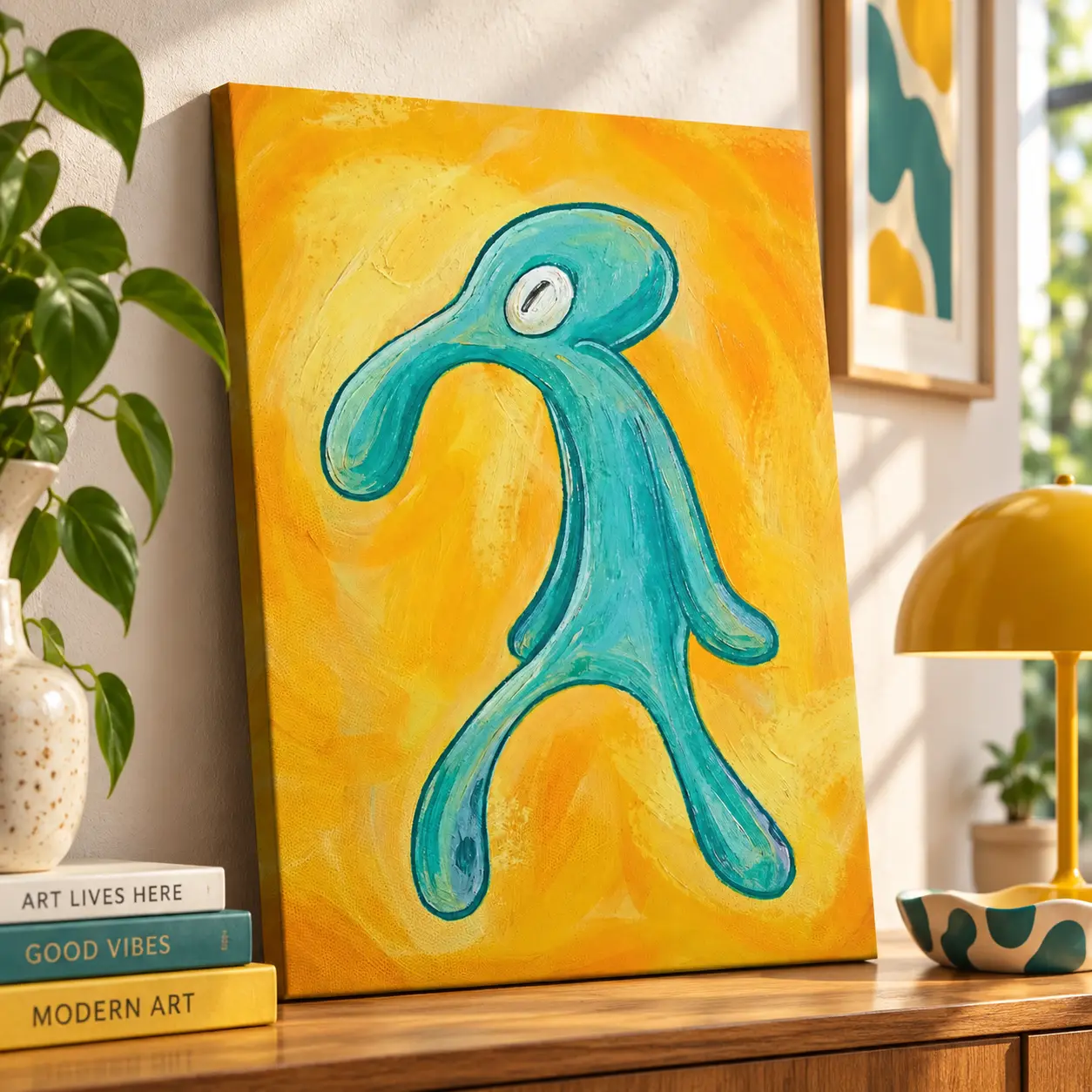 Bold and Brash Squidward Canvas Wall Art, SpongeBob Inspired Funny Cartoon Painting, Vintage Meme Poster, Blue Squid Character Decor for Bedroom, Living Room, Dorm, Game Room, Office, Apartment, Cartoon Fan Gift