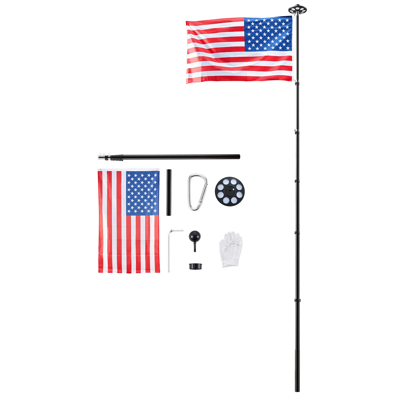 Flag Pole, 25ft Heavy Duty Telescopic Flagpole Kit with 136 LED Solar Light for Outside House In Ground, Outdoor Aluminum Flagpole with 3x5 American Flag for Yard, Residential, Commercial, Black