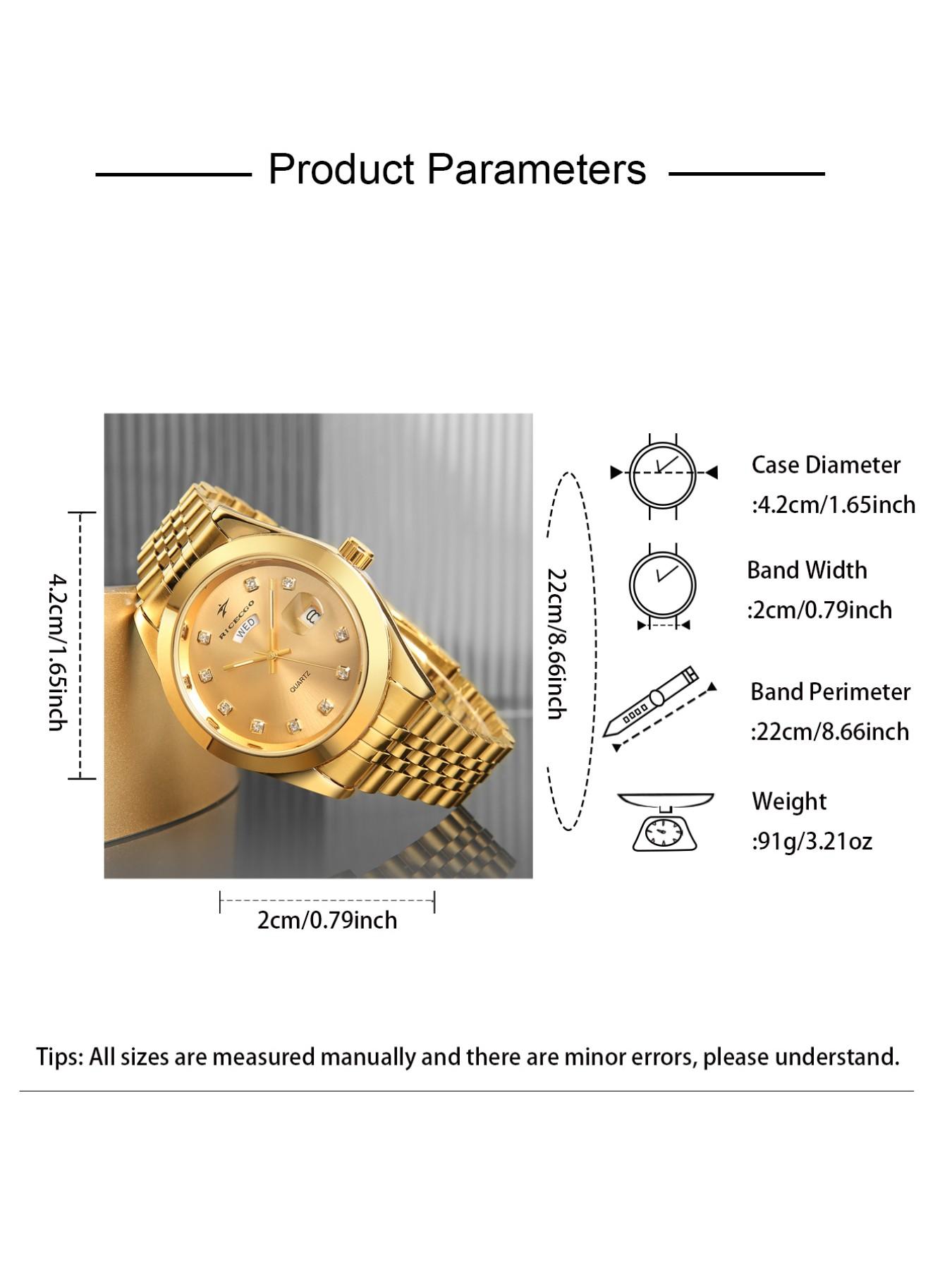 RICECGO Men's Quartz Watch Luxurious solid gold finish Elegant Round Dial Diamond-set hour markers sparkle with eye-catching brilliance Features day and date display Exudes prestige for business gifts Limited-time offer—act fast before it's gone