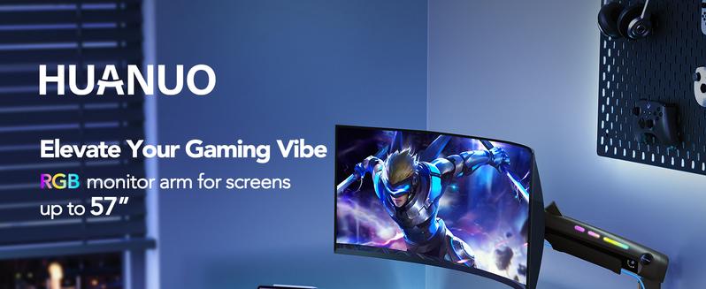 HUANUO RGB/Non-RGB Monitor Arm for Ultrawide Screens up to 57″/49'', Heavy-Duty Single Mount Holds 44 lbs, Fully Adjustable Gaming Monitor Arm with C-Clamp & Grommet Base, Max VESA 100 x 100mm