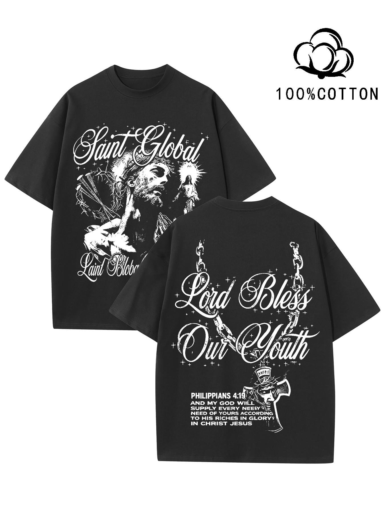 Christian Jesus Graphic Print Men's T-Shirt, 100% Cotton Loose Fit, Y2K Street Style, Casual Short Sleeve Top, Daily Wear