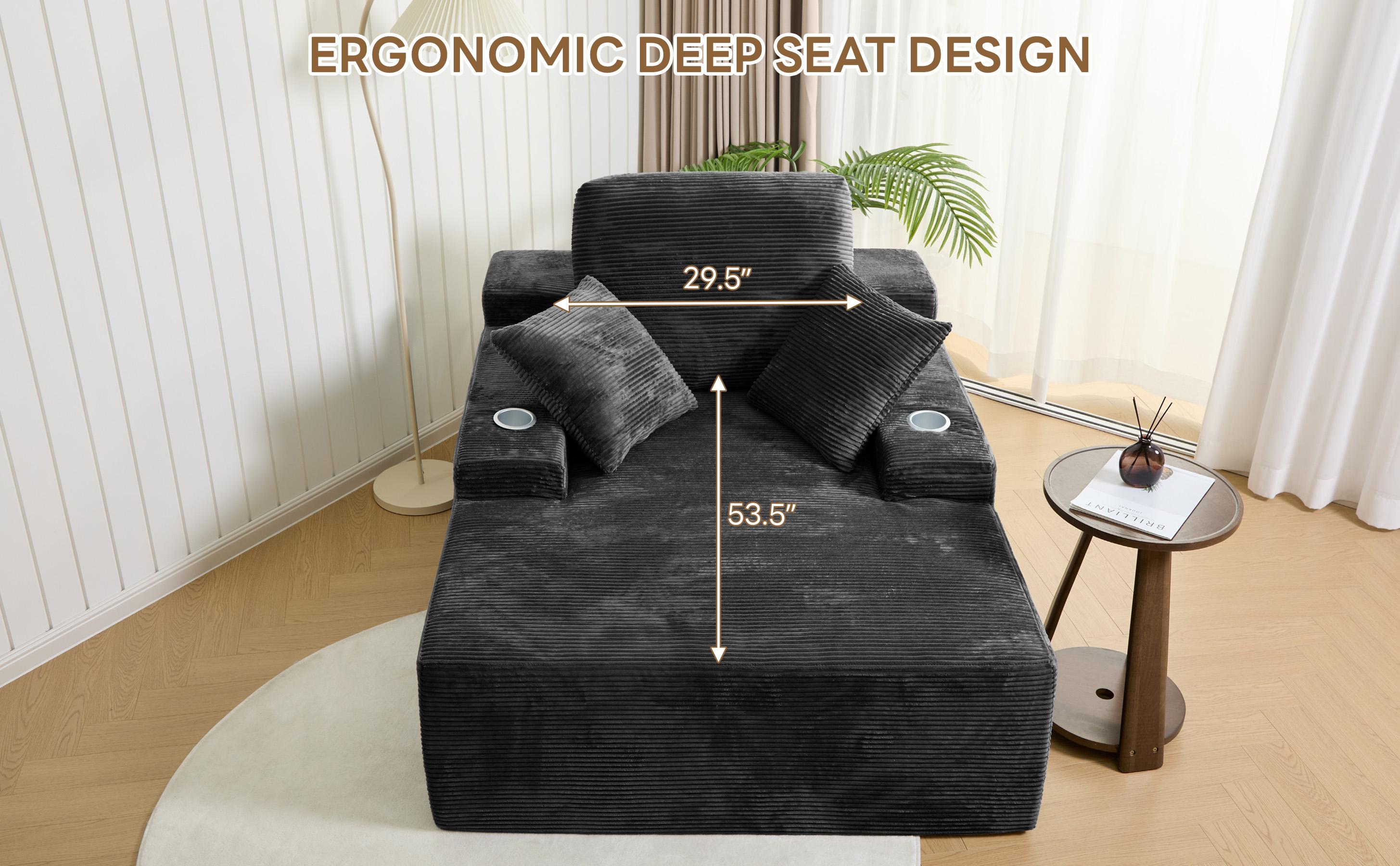 LIKIMIO 49" Oversized Chaise Lounge Sofa Bed with 2 Cup Holders & Storage Pocket - Plush Corduroy Upholstered, No Assembly Cloud Couch for Living Room, Bedroom, or Reading Nook