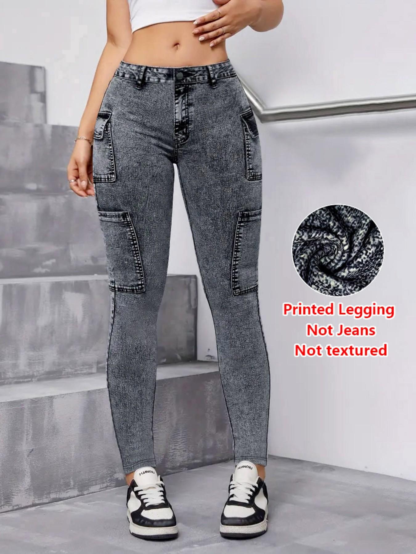 Women's Imitation Denim Skinny Pants, Denim Print Design Leggings, Stylish Comfortable Fit for Everyday Wear