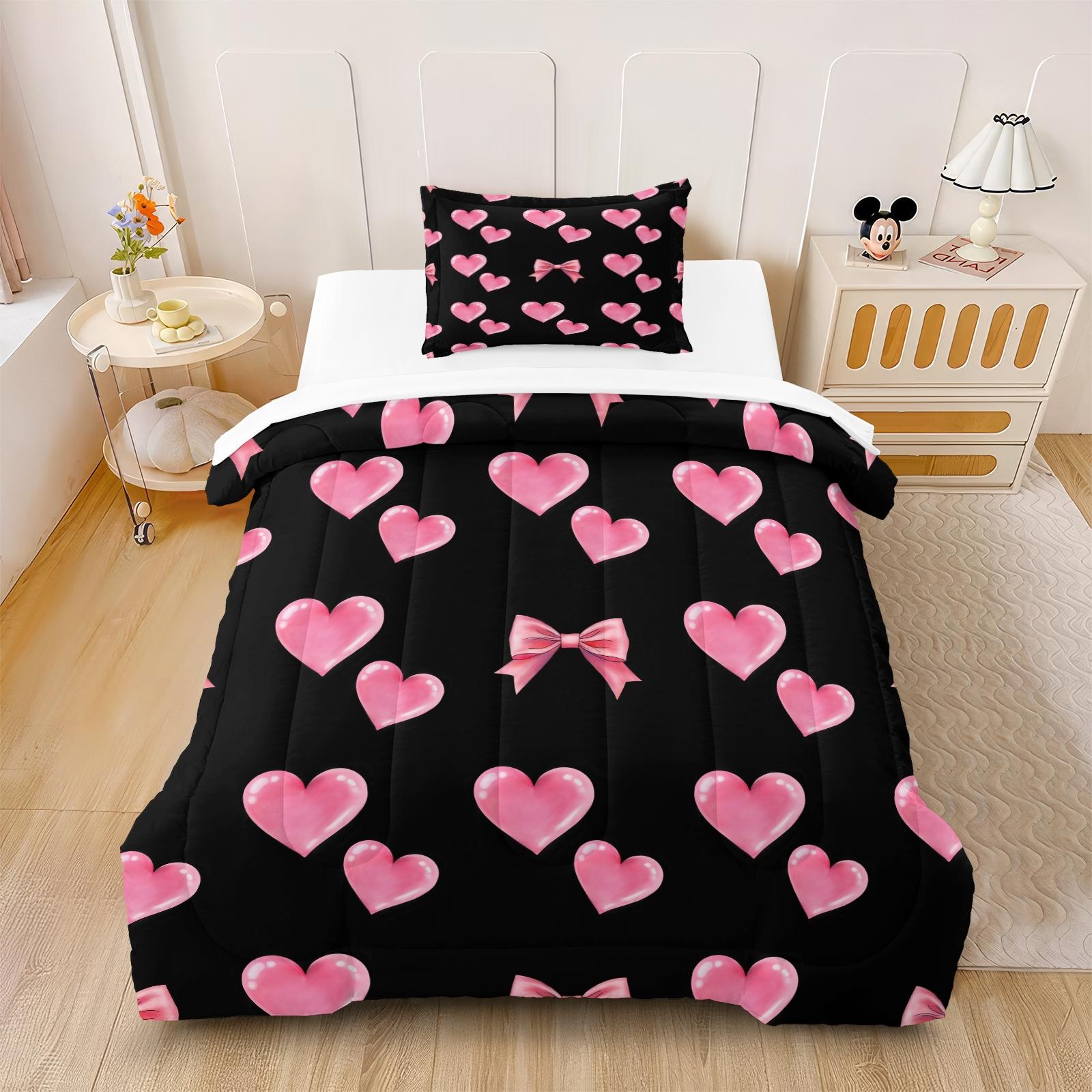 2/3 Pcs Coquette Pink Bow Print Comforter Set, Cute Y2K Aesthetic Bedding Set, Soft Warm Breathable & Fade Resistant Digital Print, Ideal for Girls Bedroom Dorm Guest Room Decor, All Season Use - Without Pillow Insert