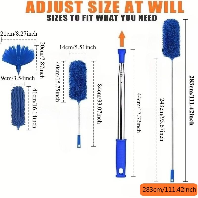 111.42 Inch Extendable Microfiber Artificial Duster with Bendable & Retractable Pole Handle - Heavy-Duty Washable Duster Brush for High Ceiling Fans, Blinds, Furniture, Kitchen, Bathroom, Living Room, Bedroom, Duster For Ceiling Fan, Furniture Cleaning