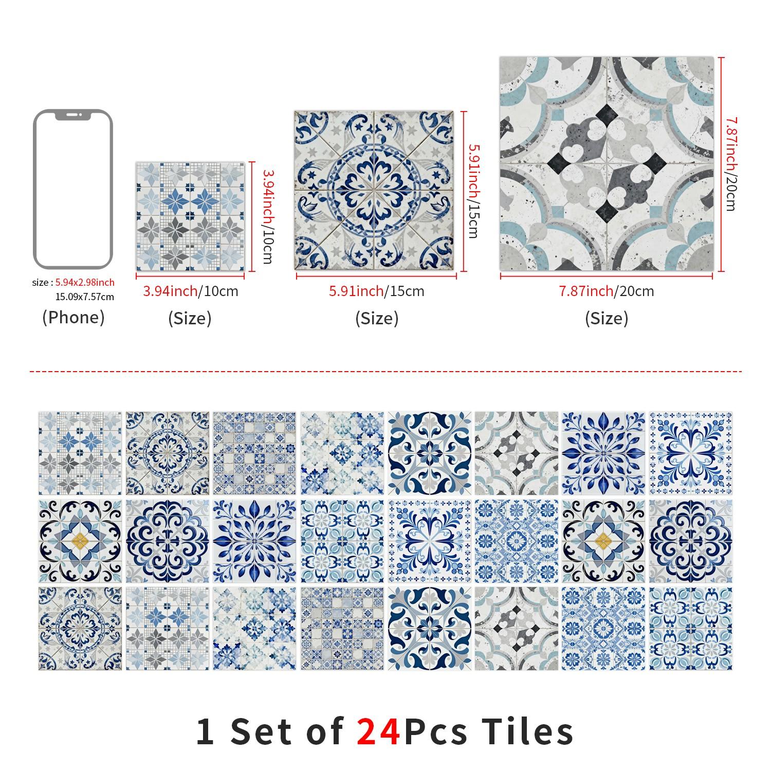 24PCS NHZ Blue Moroccan/Spanish Vintage Floral Tile Stickers, PVC Crystal Film with Mirror Gloss, Peel & Stick Removable No Residue, Easy to Clean Waterproof Wall Decals for Kitchen Bathroom Bedroom Office Indoor Decor
