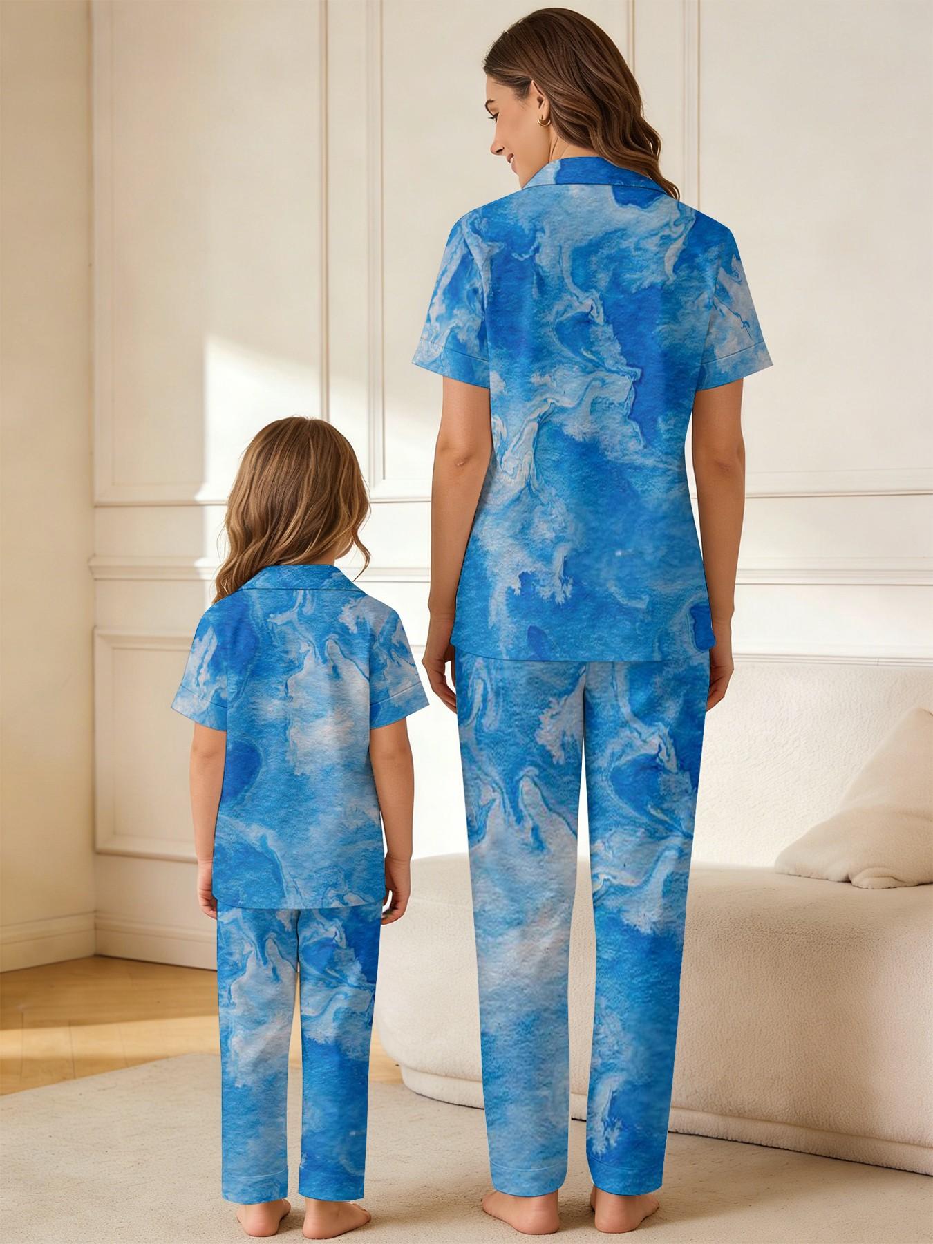 Vibrant Pixel 3D Printed Parent-Child Pajamas, Cloud Pattern Blue Base, Trendy Cool Style, Mother-Daughter Matching