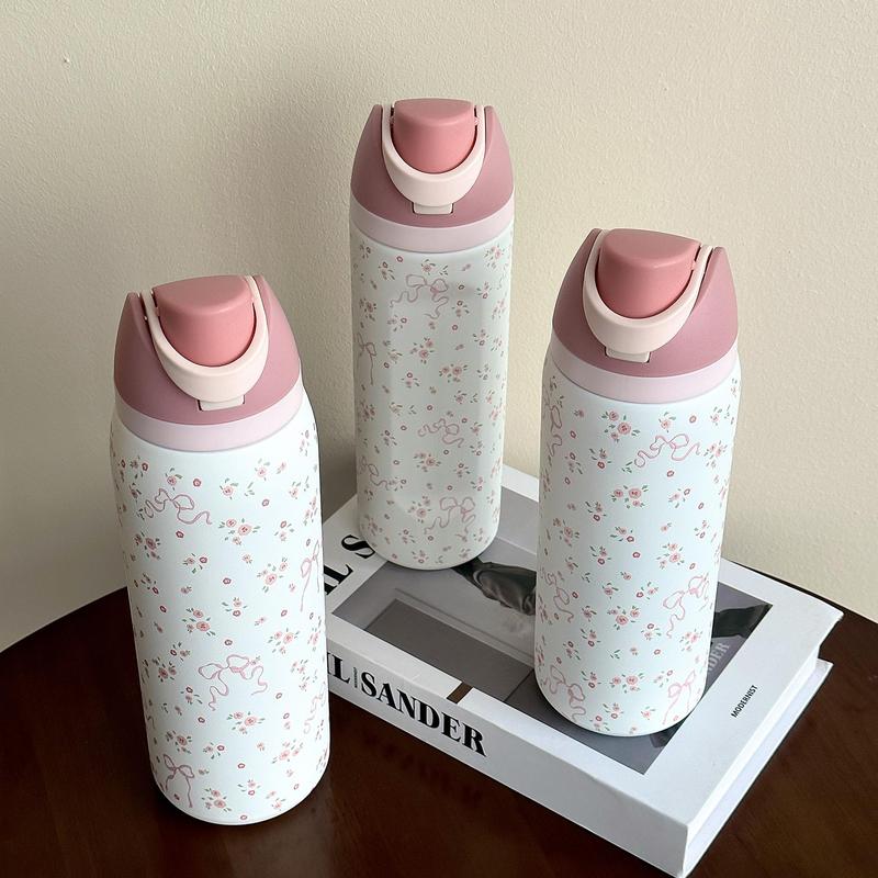 1pc Floral Pattern Insulated Double Wall Stainless Steel Sports Bottle, 24oz-32oz-40oz Sizes, Travel Cup with Straw Design for Gym School Travel, Thermo Tumbler, Insulated Water Bottle