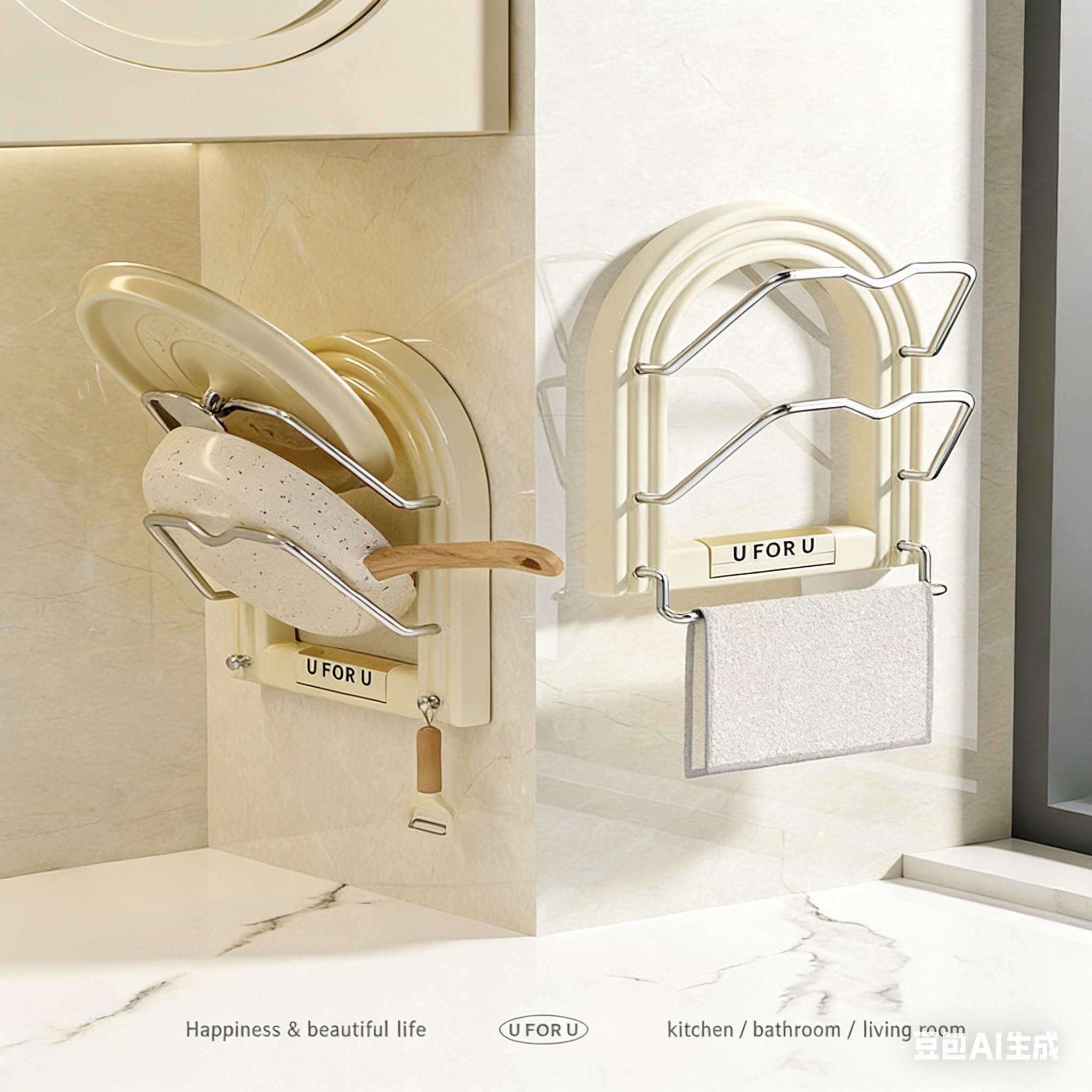 Aluminum Alloy Kitchen Wall Mounted Storage Rack, Multi-Functional No Drilling Pot Lid Holder, Cutting Board Towel Organizer