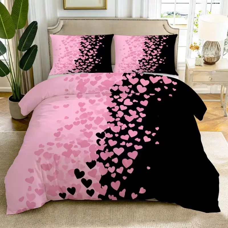 Valentine's Day Printed Bedding Set, Soft, Cozy and Comfortable, Includes 1 Duvet Cover + 2 Pillowcases, Heart Design, Bedroom Essentials