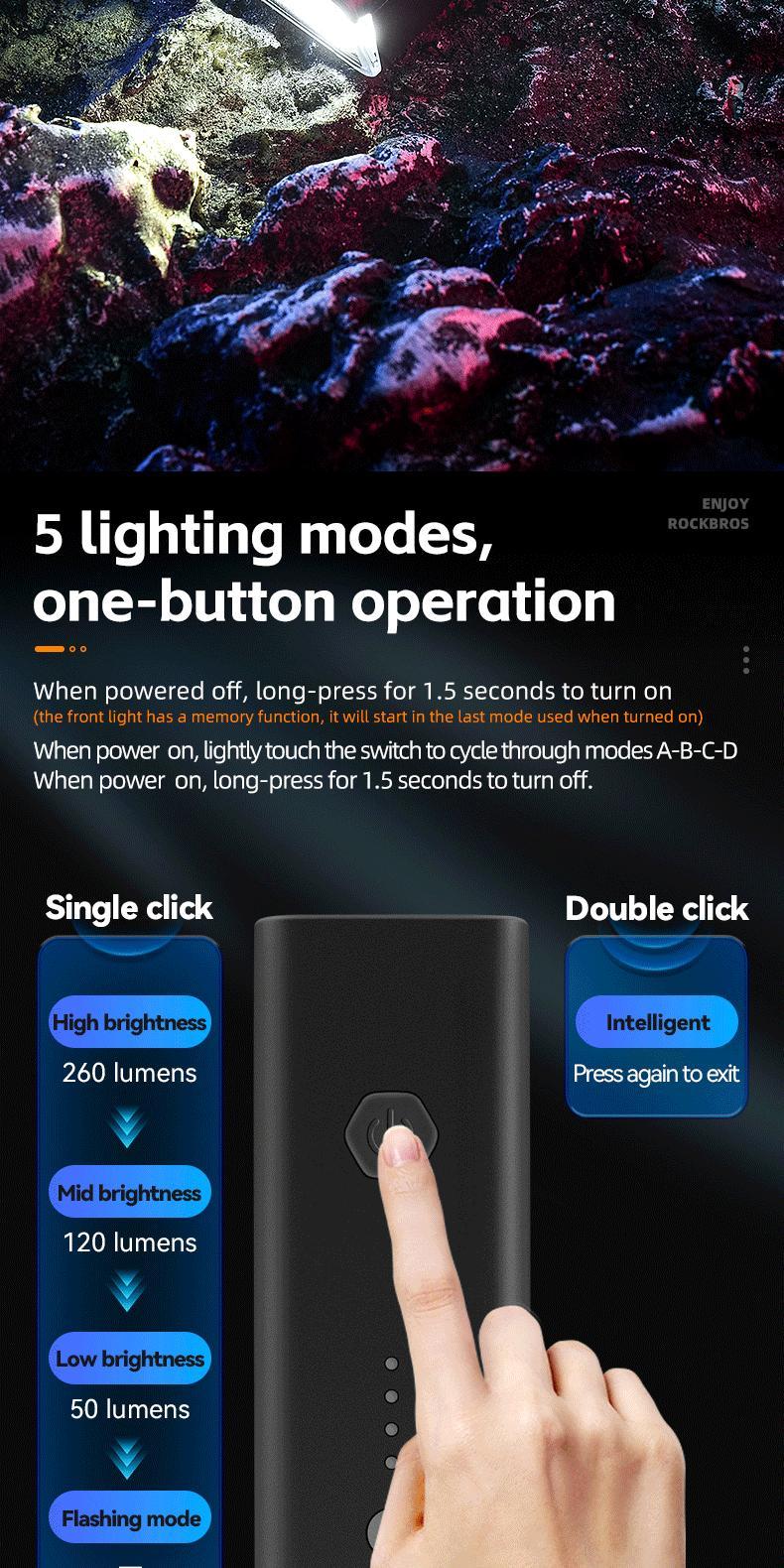 ROCKBROS Bike Light 260 Lumen IPX4 Waterproof Front Light 1500mAh Intelligent Light Sensing Bicycle Accessories