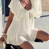 【Black Friday】Sexy Deep V Backless Chiffon Dress Elegant Daily Wear Women Ruffles Club Party Solid Mini Dress Short Dress