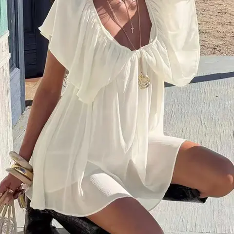 Sexy Deep V Backless Chiffon Dress Elegant Daily Wear Women Ruffles Club Party Solid Mini Dress Short Dress