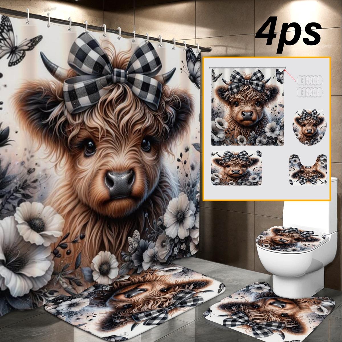 Highland Cow Christmas Shower Curtain Set, 72x72 Inch Waterproof Polyester Bath Curtain, Easy Install, Farmhouse Bathroom Decor