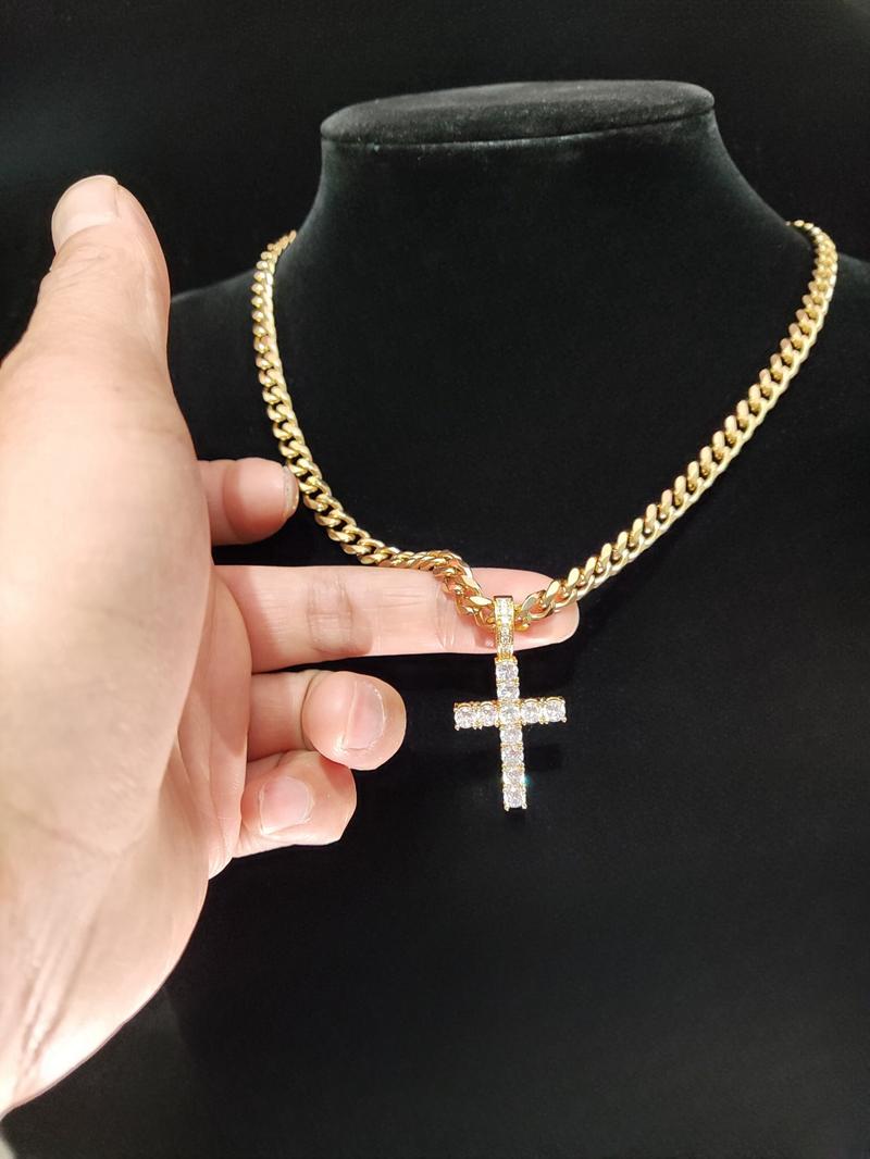 Unisex Easter Street Cross Pendant Necklace, Rhinestone Decor Cuban Chain Necklace, Cuban Link Necklace for Party & Daily Clothing Decor for Men & Women, Exquisite Jewelry for Birthday