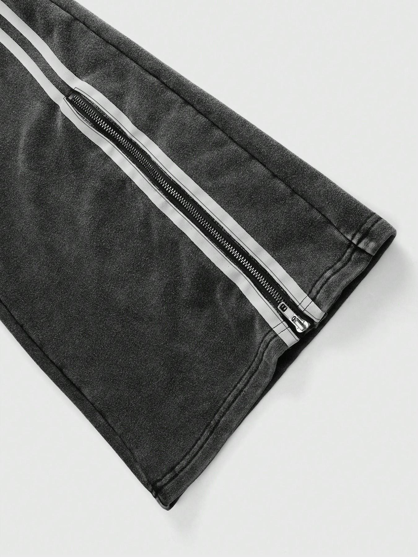 Cotton Men's Plain Color Patchwork Front Drawstring Pocket Casual Sweatpants, Drawstring Waist, Printed Wide Leg, Zipper Design