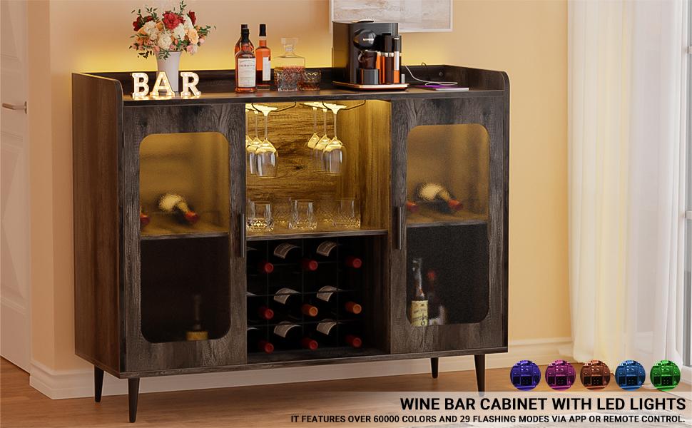 Homieasy Wine Bar Cabinet with Power Outlet, Liquor Cabinet Bar with LED Light and Glass Holder, Home Coffee Bar Cabinet, Buffet Sideboard with Storage Shelf for Kitchen, Dining Room