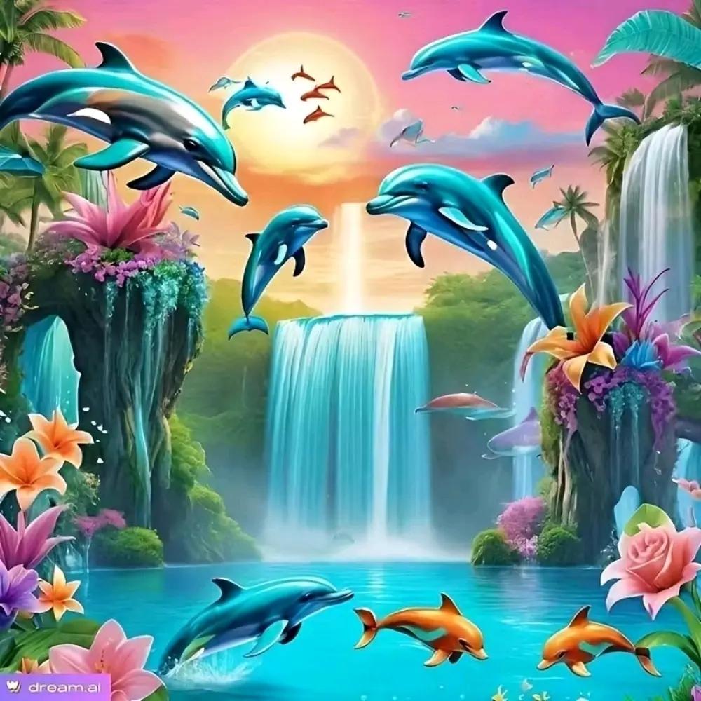 Magical Tropical Waterfall Jumping Dolphins 5D Full Drill Diamond ...