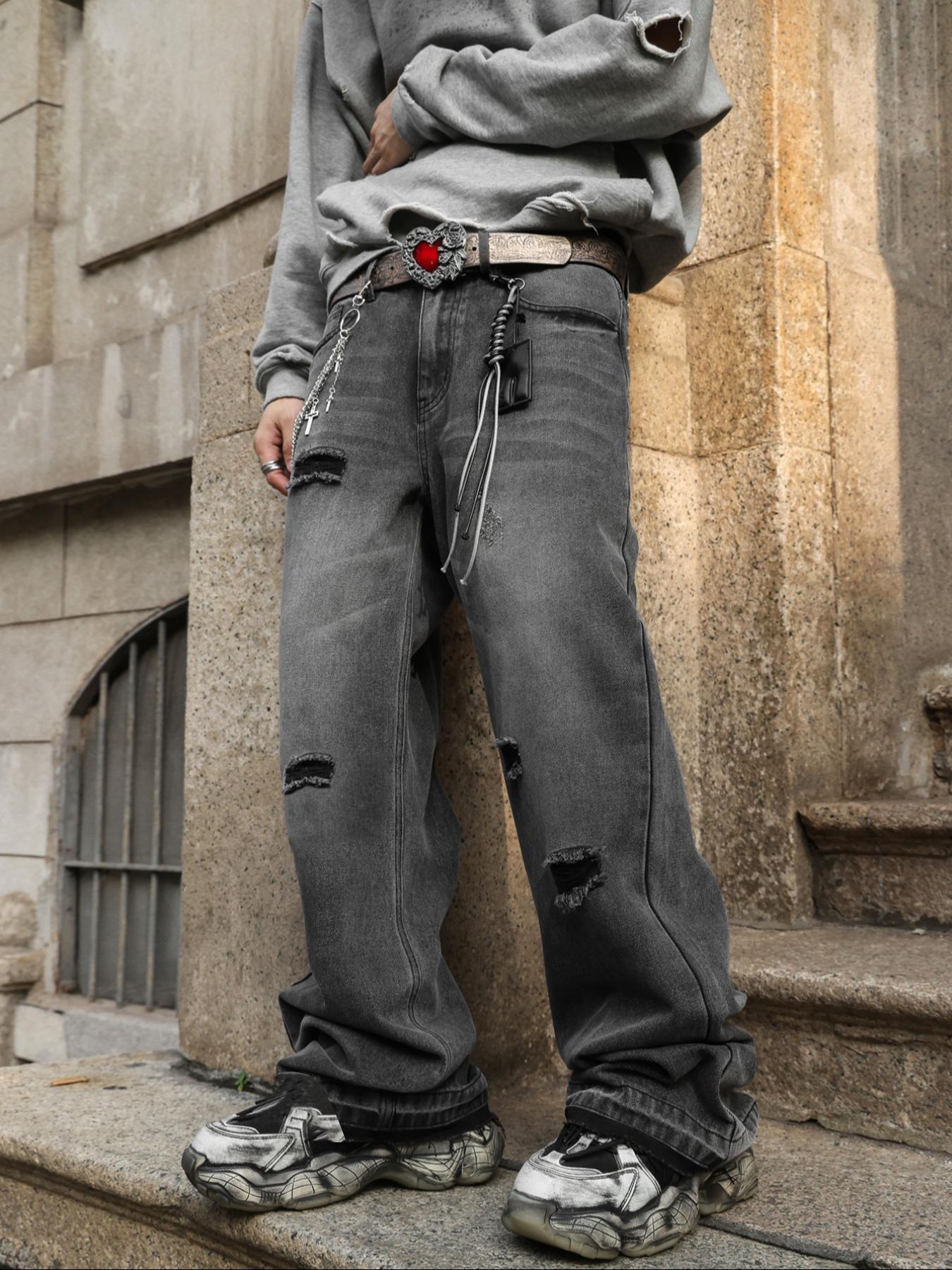 Men's Washed Loose Fit Jeans, Distressed Straight Leg Denim Jeans, Y2K Vintage Street Style, All Seasons, Perfect Gift for Boyfriend/husband, Streetwear