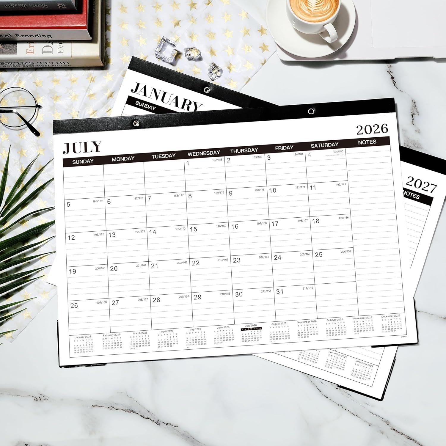 2026-2027 Desk Calendar, Jul.2026 - Dec.2027, 16.8" x 12" | Thick Paper, Desk Calendar 2026-2027/Wall Calendar 2-in-1 with Corner Protectors, Large Ruled Blocks - Classic Black