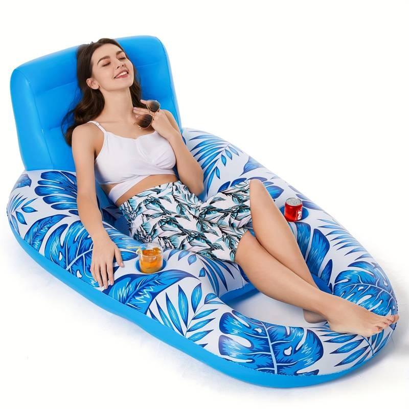 Leaf Pattern Floating Lounger Chair, Inflatable Cup Holder Pool Float Bed, Perfect for Pool Parties, Comfortable and Relaxing