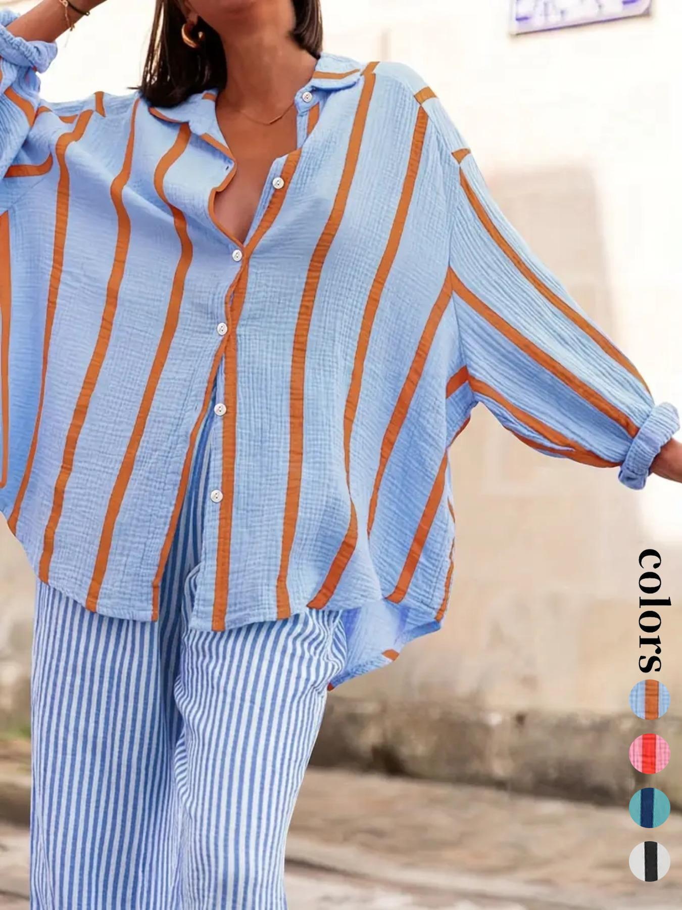 Women's Striped Print Long Sleeve Shirt Blouse, Elegant Casual Fit Button Front Top for Daily Wear, Ladies Clothes for All Seasons