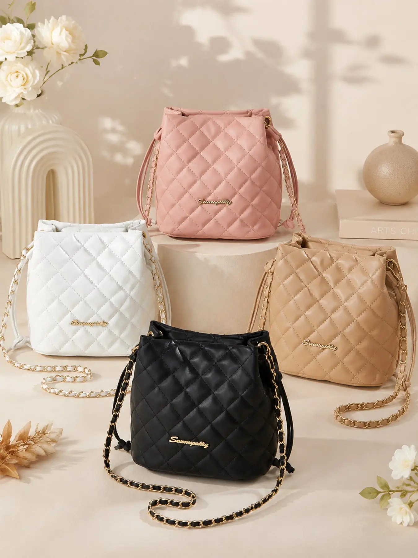 TikTok Viral Women’s Quilted Bucket Bag, Diamond Stitch Crossbody Shoulder Purse, Mini Chain Strap Handbag