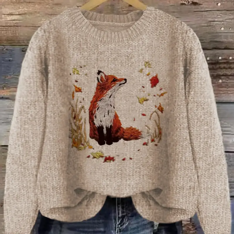 Women's Fox & Leaf Print Drop-Shoulder Loose-Fit Sweater, Casual Long-Sleeve Round-Neck Knitwear Tops for Fall & Winter Daily Wear