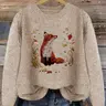 Women's Fox & Leaf Print Drop-Shoulder Loose-Fit Sweater, Casual Long-Sleeve Round-Neck Knitwear Tops for Fall & Winter Daily Wear