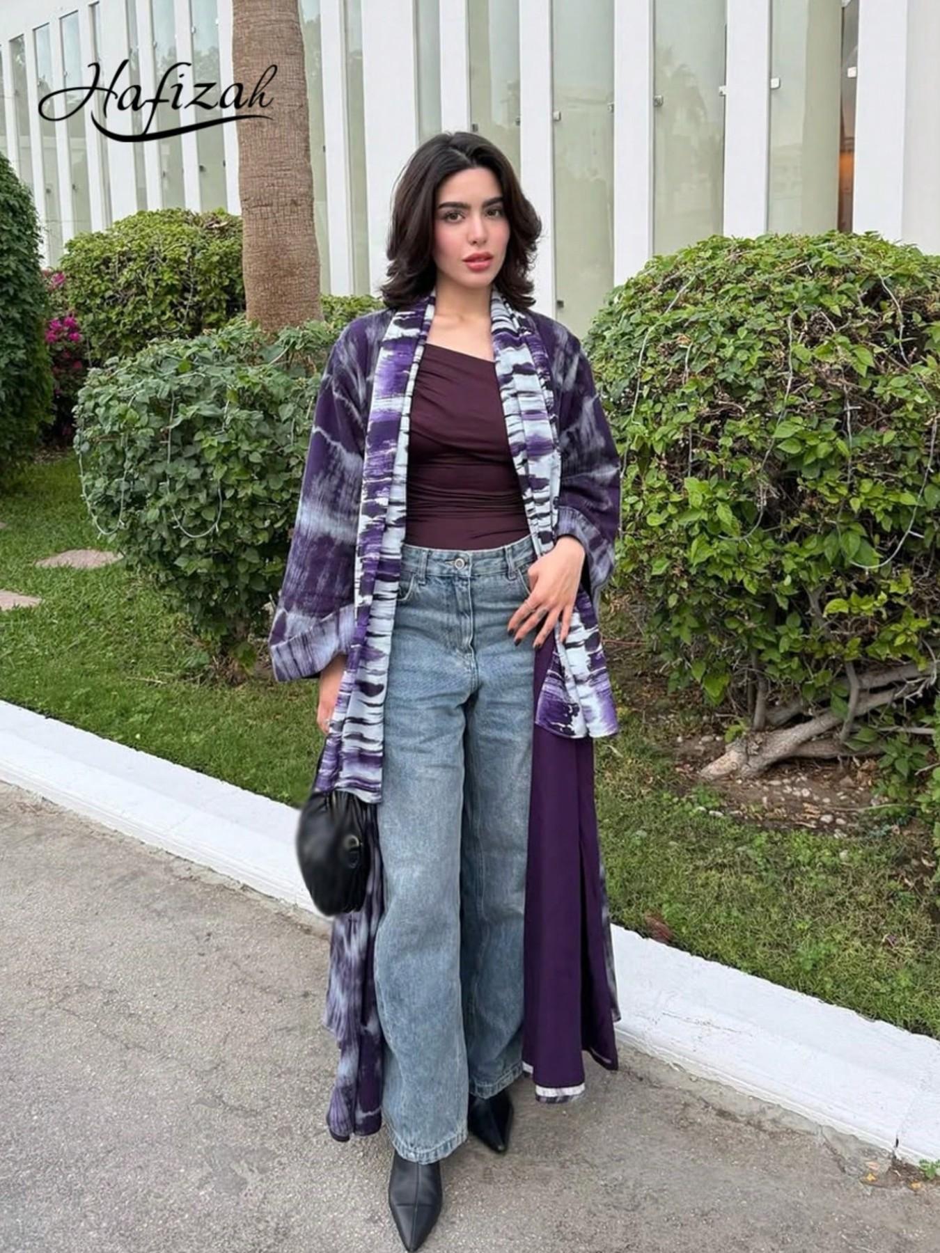 Hafizah Tie-Dye Colorblock Long Cardigan Matching Scarf Set, Loose-Fitting Oversized All-Over Print Outerwear, Casual Women's Fashion for All Seasons